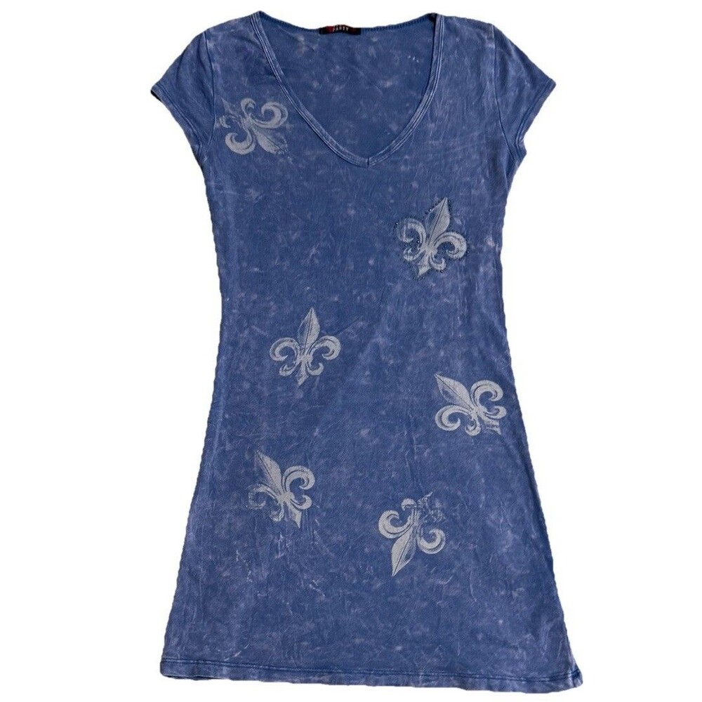 T Party Women Blue Acid Wash Fleur De Lis Graphic Mini Dress Cap Sleeve Tunic